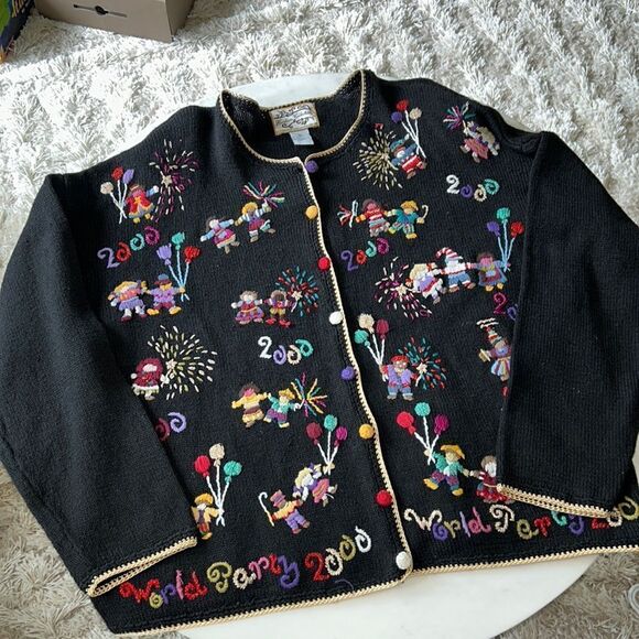 Heirloom Collectables Vintage World Party 2000 embroidered sweater cardigan XL - Picture 1 of 11